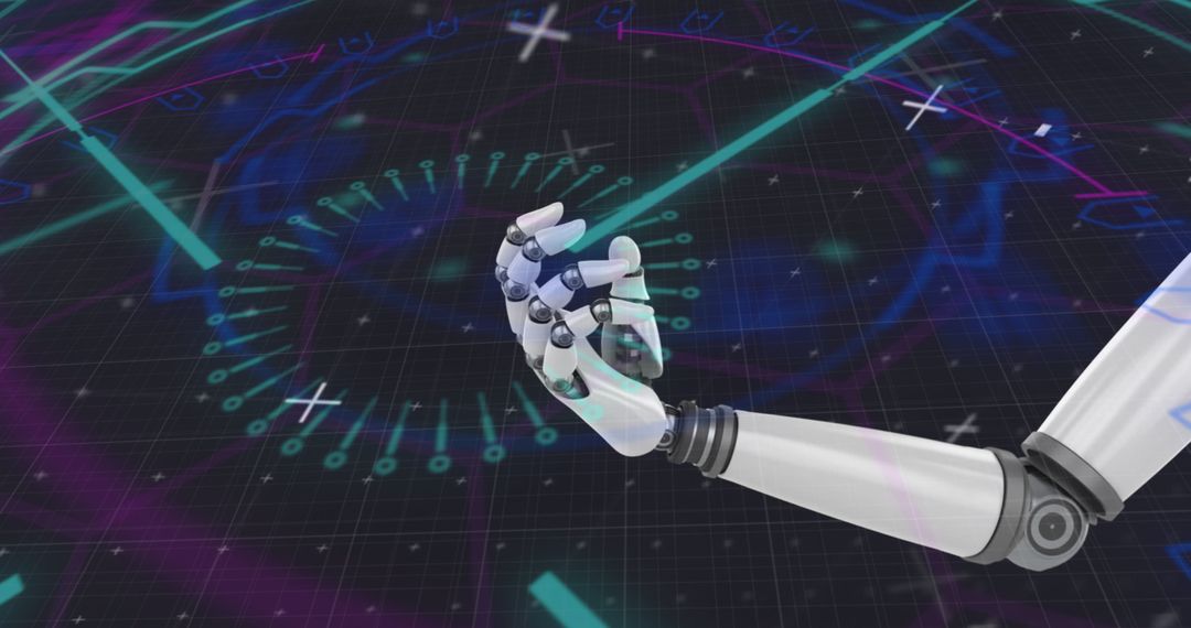 Robotic Arm Analyzing Digital Interface on Futuristic Grid