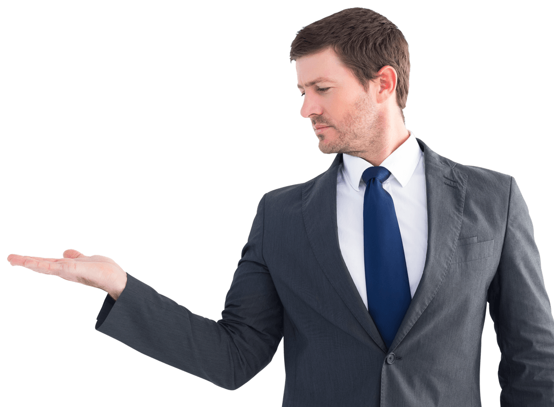 Businessman Exhibiting Empty Open Hand on Transparent Background