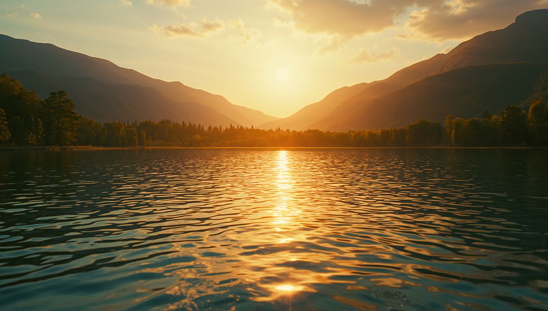 Serene Lake Sunset Reflecting Golden Light Amidst Mountain Peaks