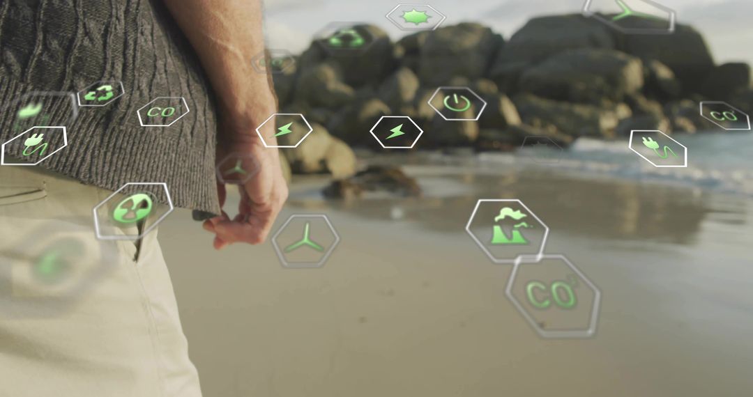 Man Exploring Shoreline with Virtual Eco Data Visualization