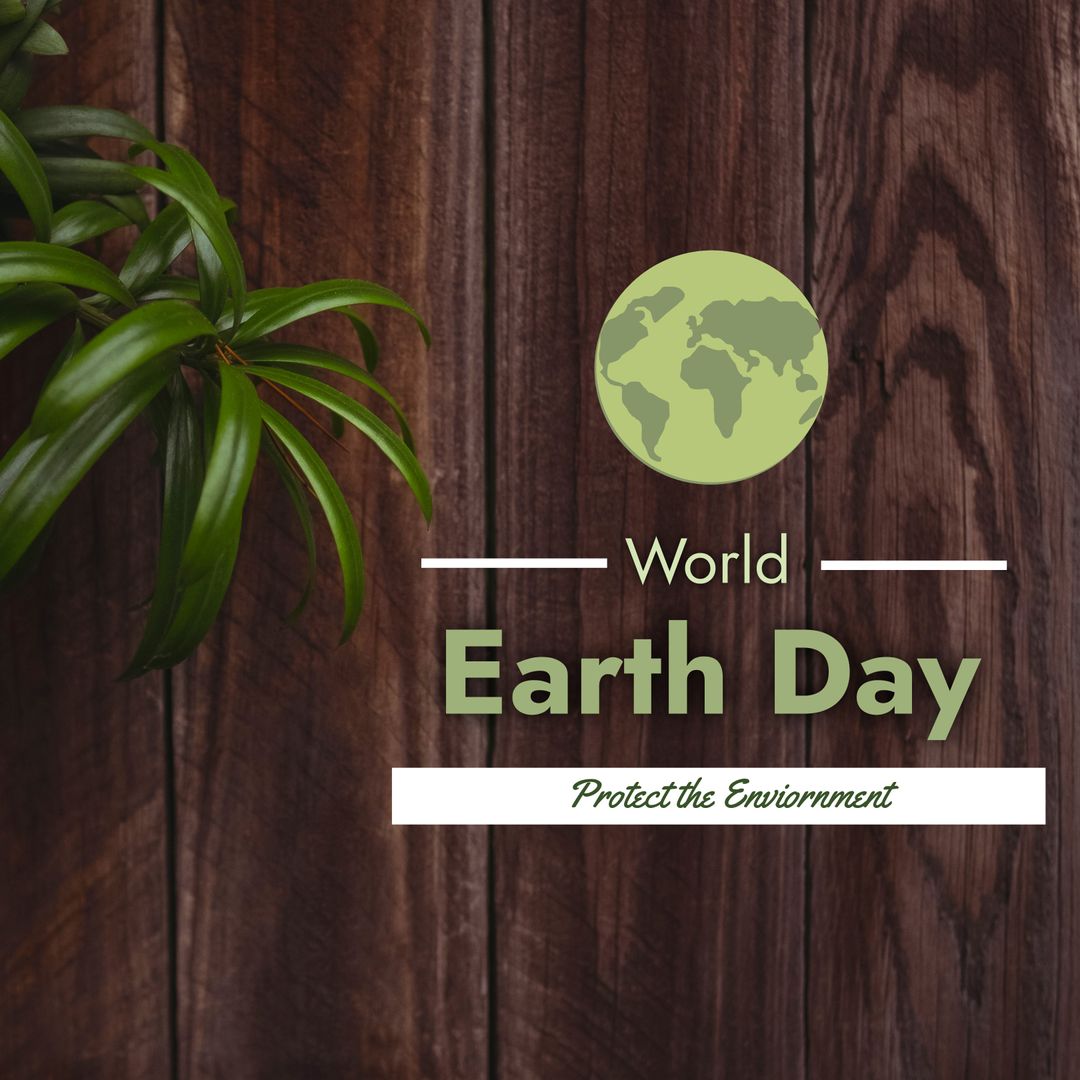 Earth Day Awareness with Greenery on Wooden Background