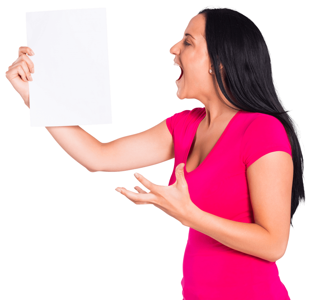 Angry Woman Shouting at Transparent Paper, Expressing Frustration