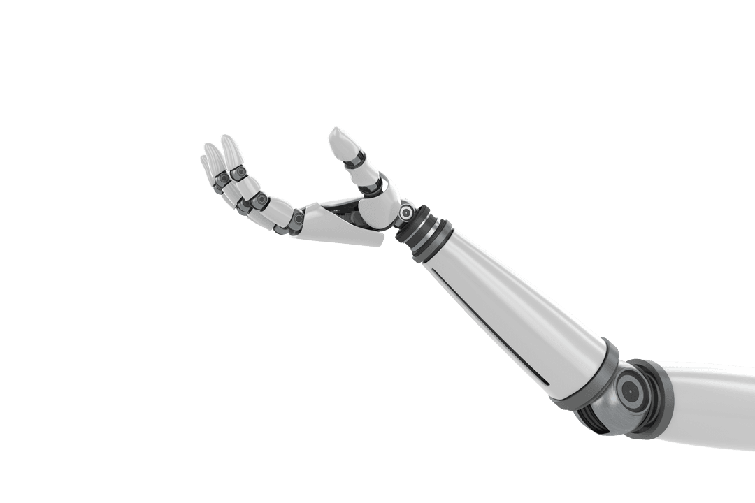 Transparent Robotic Hand Reaching Upwards Against White