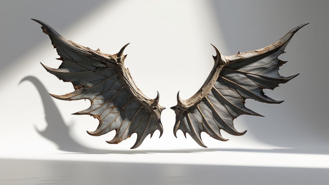 Skeletal demonic dragon-like wings in minimalist gallery display