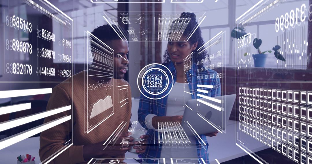 Collaborating Analysts Examining Digital Data Panels in Modern Workspace