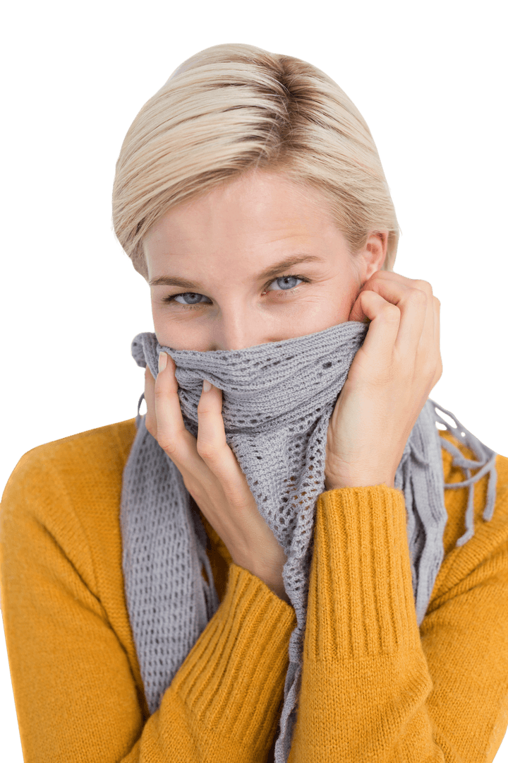 Smiling Woman with Cozy Scarf on Transparent Background
