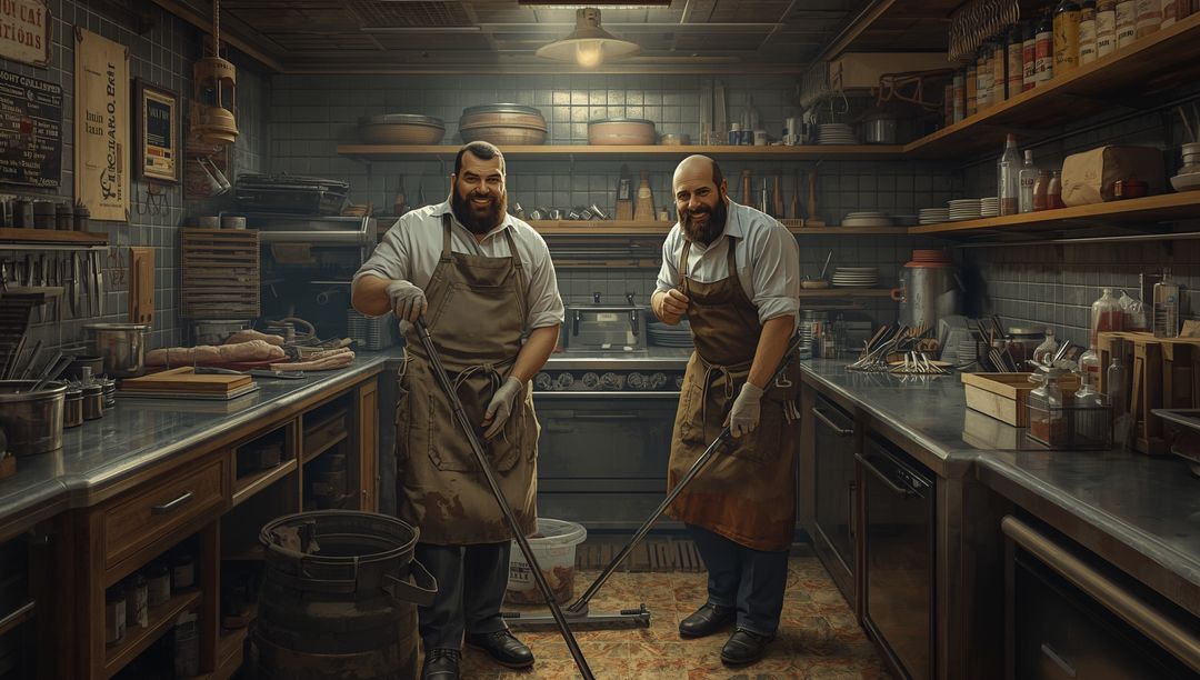 Two Butchers in Aprons Smiling in Professional Kitchen