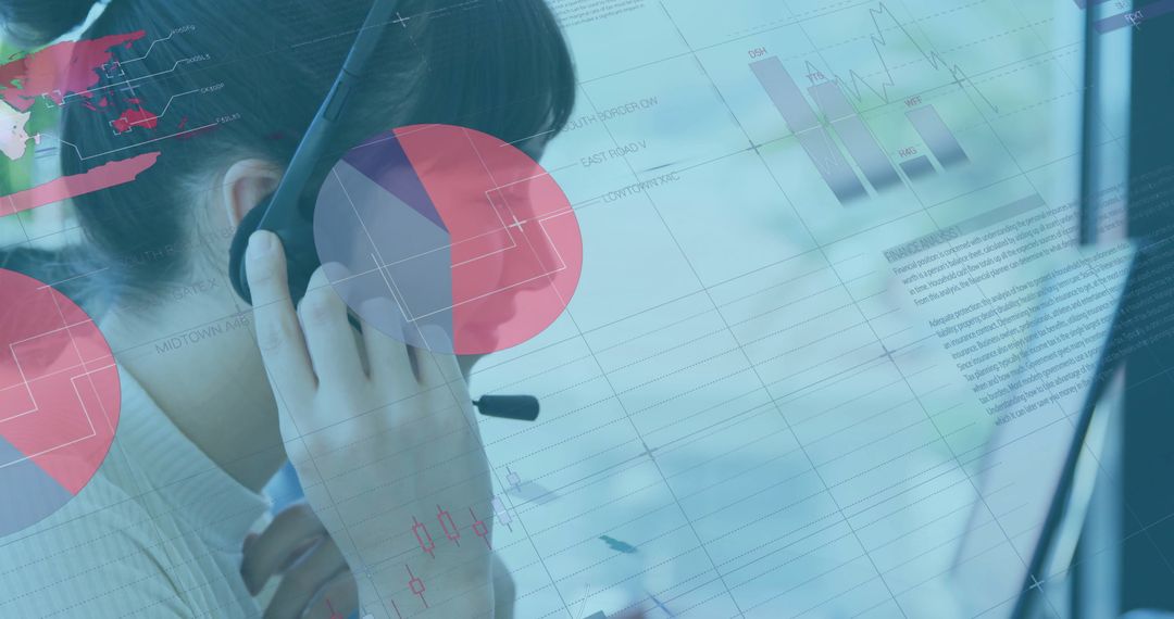 Woman Analyst with Headset Analyzing Digital Charts on Monitors