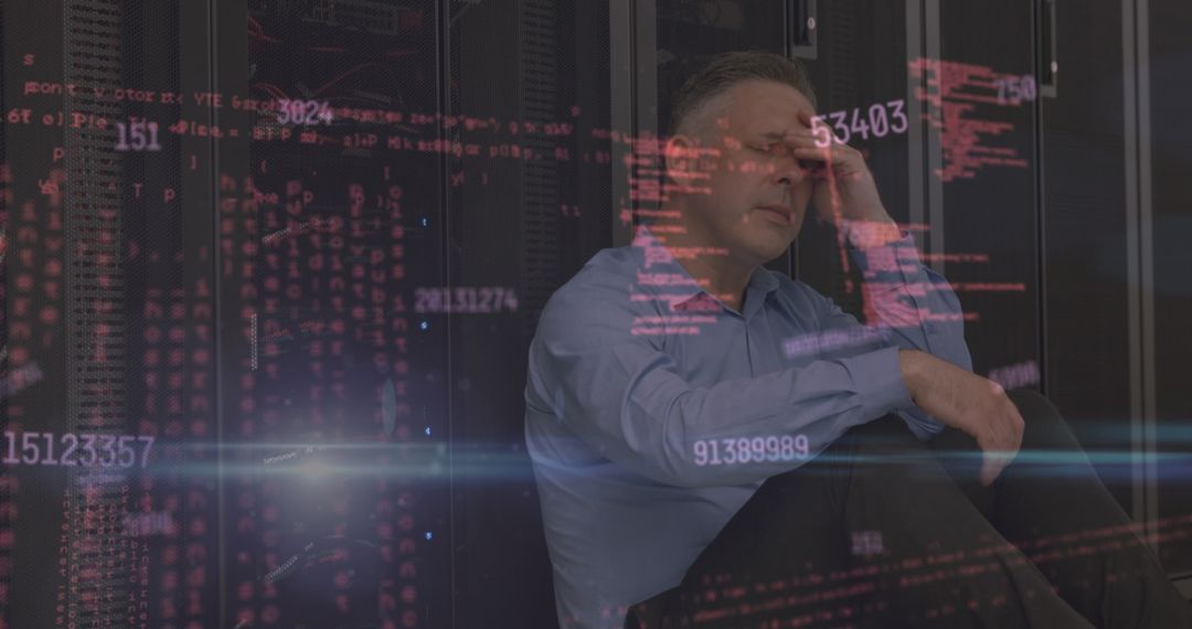 Stressed Worker in Data Center with Security Code Overlay