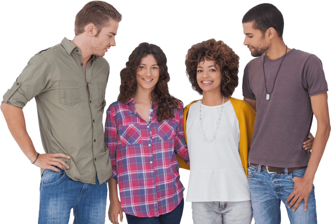 Group of Happy Young Friends in Casual Attire on Transparent Background