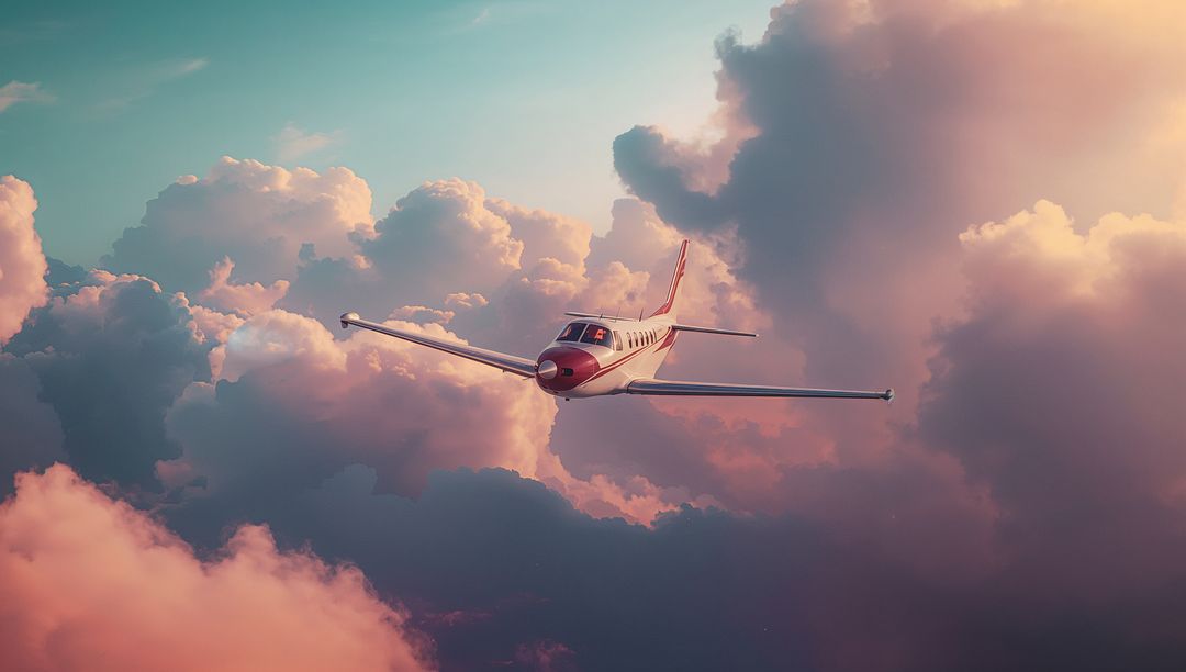 Private Airplane Navigating Sunset Clouds with Red Stripe