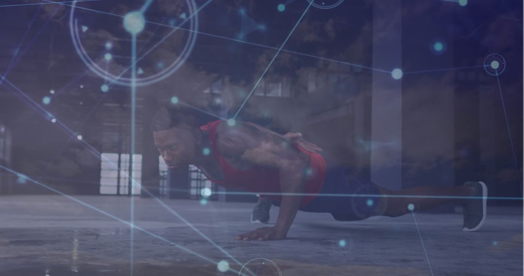 Athlete Performing One-Hand Push-Up with Digital Network Overlay