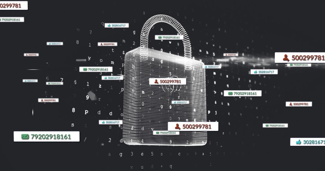 Wireframe Padlock Encircled by Floating Data in Digital Space