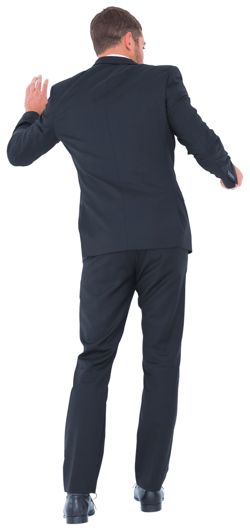 Transparent Businessman Raising Hand for Greeting Back View