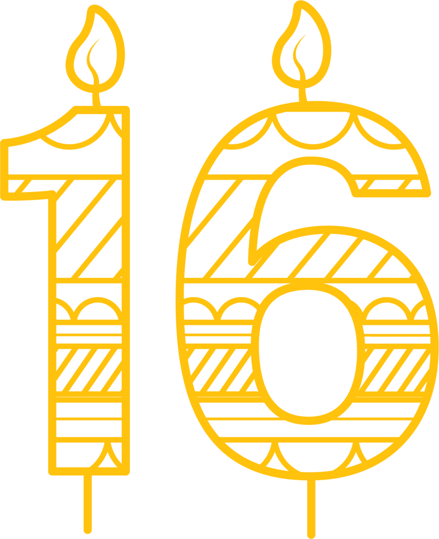 Yellow Sixteenth Birthday Candles with Pattern on Transparent Background