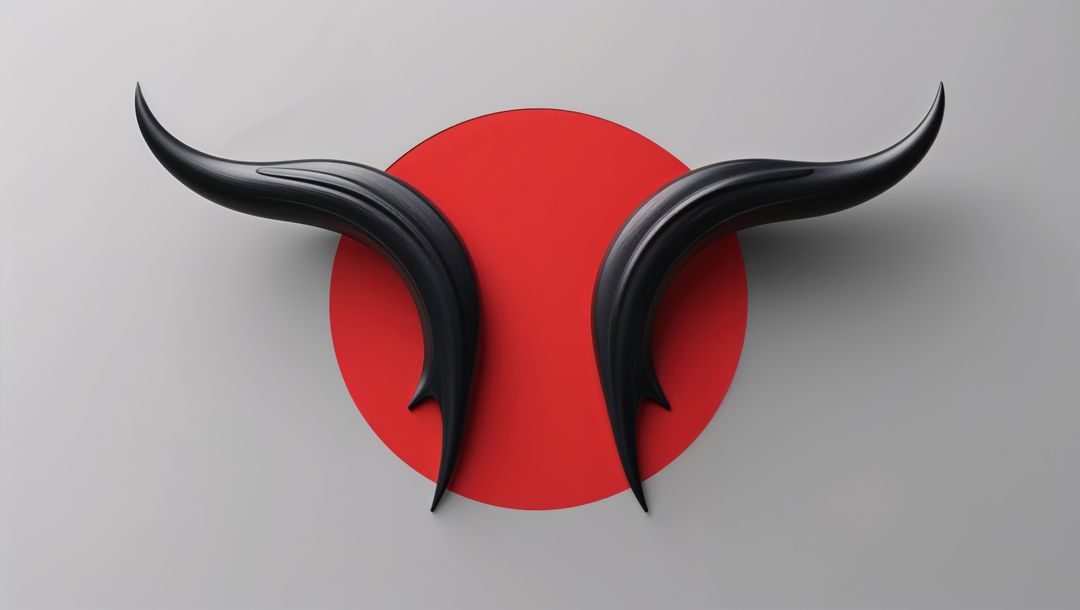 Minimalist black demon horns with red circle on gray background