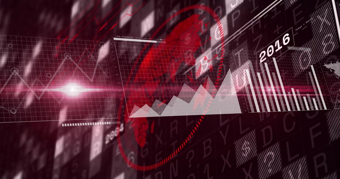 Red Digital Analytics HUD Displaying Financial Charts, 2016 Bar Graph, Radar Interface