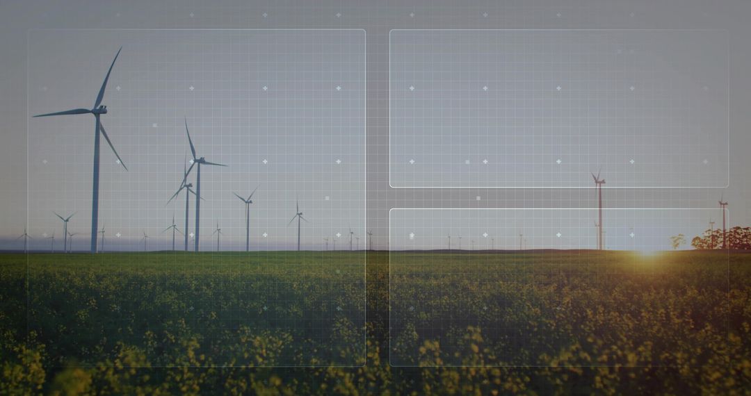 Wind Turbines Powering Canola Field at Sunset with Futuristic Grid UI Overlay