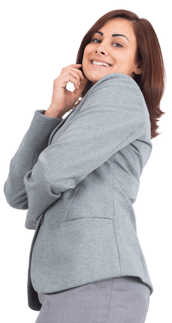 Smiling Caucasian Businesswoman in Gray Blazer on Transparent Background
