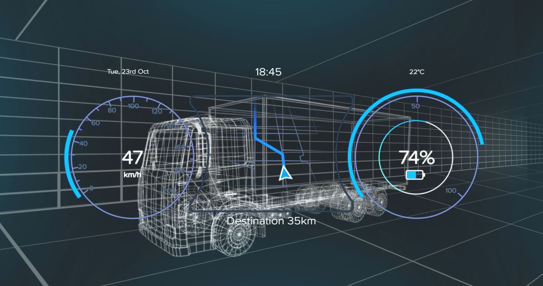 Futuristic Vehicle Interface with 3D Truck Model and Data Visualizations