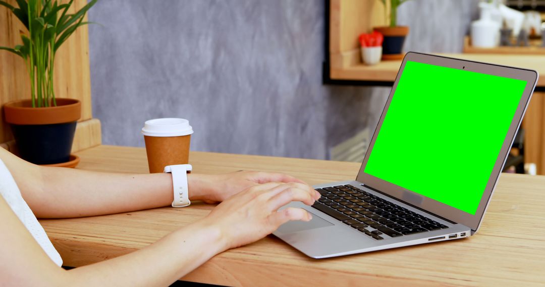 Woman Working on Laptop with Green Screen in Modern Cafe - Free Images, Stock Photos and Pictures on Pikwizard.com