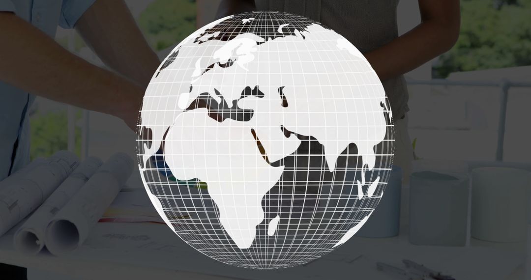 Wireframe Globe Overlaying Colleagues Analyzing Architectural Plans