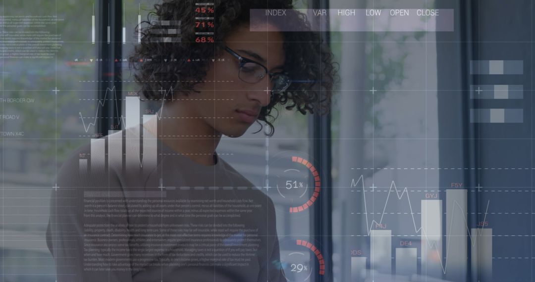 Man Analyzing Data on Smartphone with Digital Interfaces