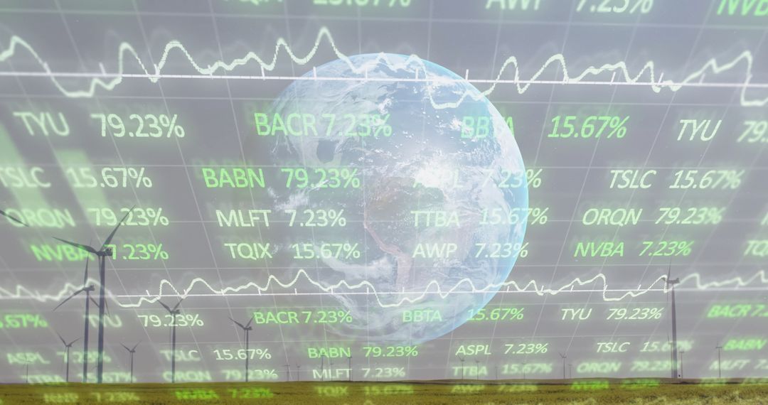 Futuristic Financial Globe Over Wind Farm with Stock Data