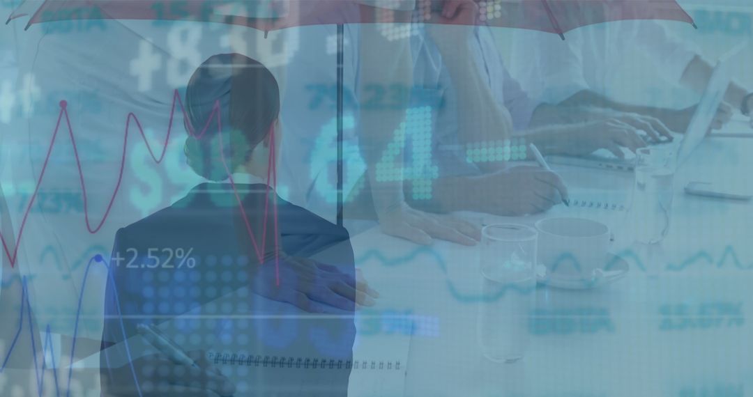 Businesswoman With Umbrella Overlapping Financial Data and Graphs