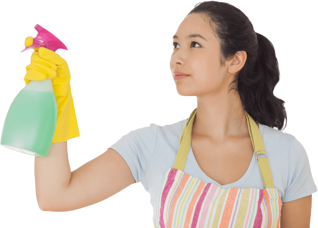 Transparent Woman Holding Spray Bottle and Cleaning in Colorful Apron