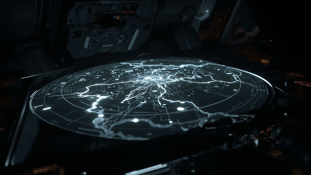 Holographic Map Display in Futuristic Spacecraft Control Room