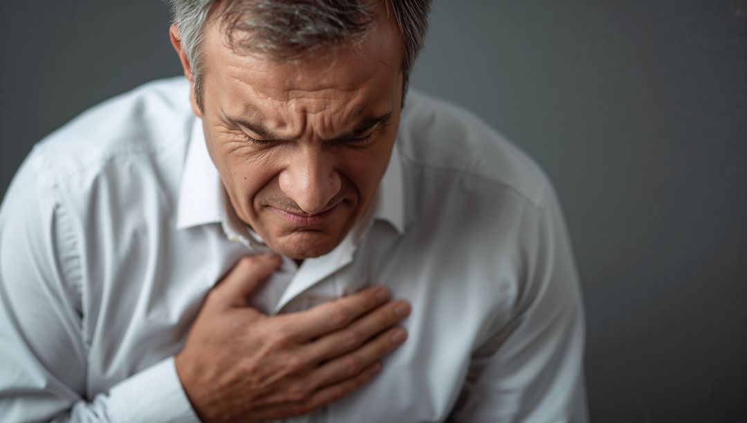 Man Clutching Chest in Discomfort Against Grey Background