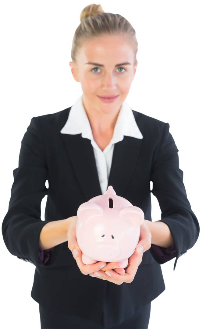 Transparent Blonde Businesswoman Holding Piggy Bank Saving Finance Concept - Download Free Stock Images Pikwizard.com