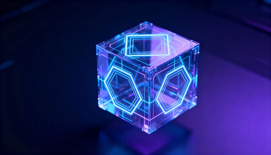 Transparent Neon Cube Hovering Above Reflective Surface with Cyan and Magenta Glow