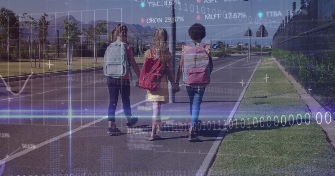 Children Walking Together with Digital Data Overlay
