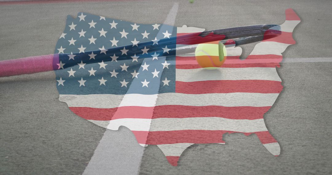 USA Flag Overlay on Tennis Court with Racket and Ball Symbolizing Unity in Sports