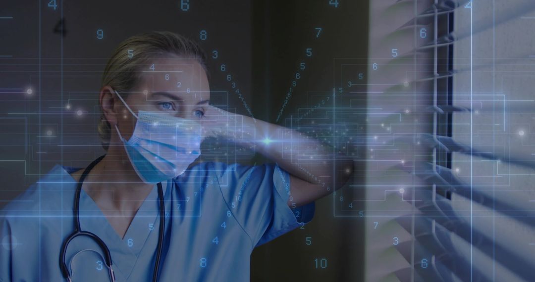 Nurse with Stethoscope Viewing Digital Data Overlay in Healthcare Environment