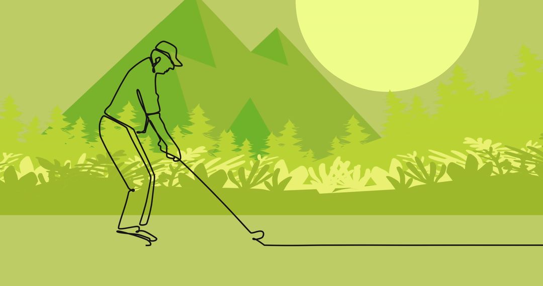 Abstract Line Art of Golfer in Mountainous Landscape