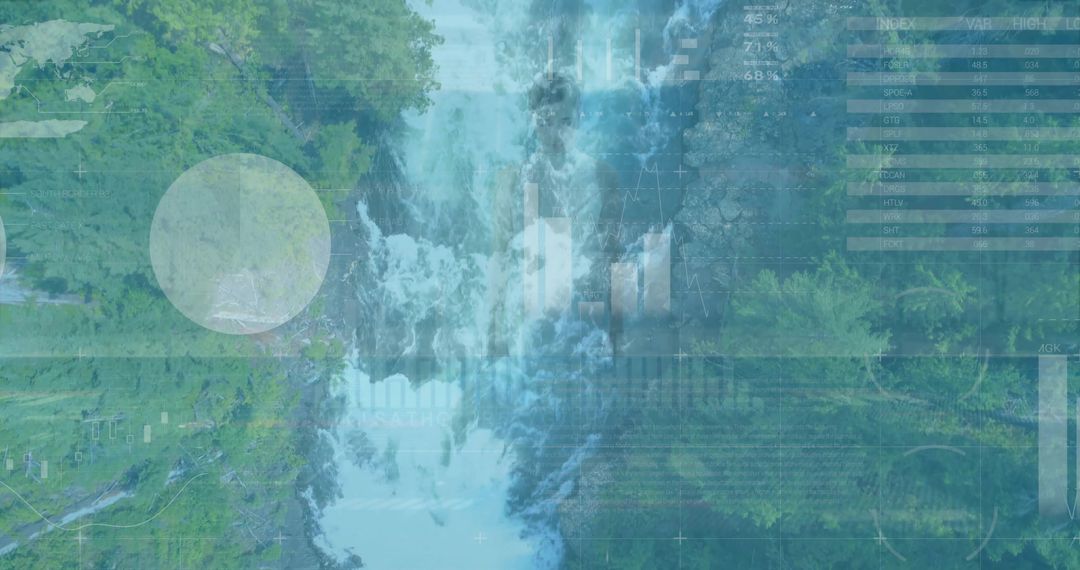 Cascading Waterfall in Forest Gorge with Futuristic HUD Overlay and Data Visualization