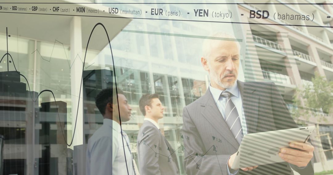 Executive Analyzing Financial Data with Tablet in Urban Setting