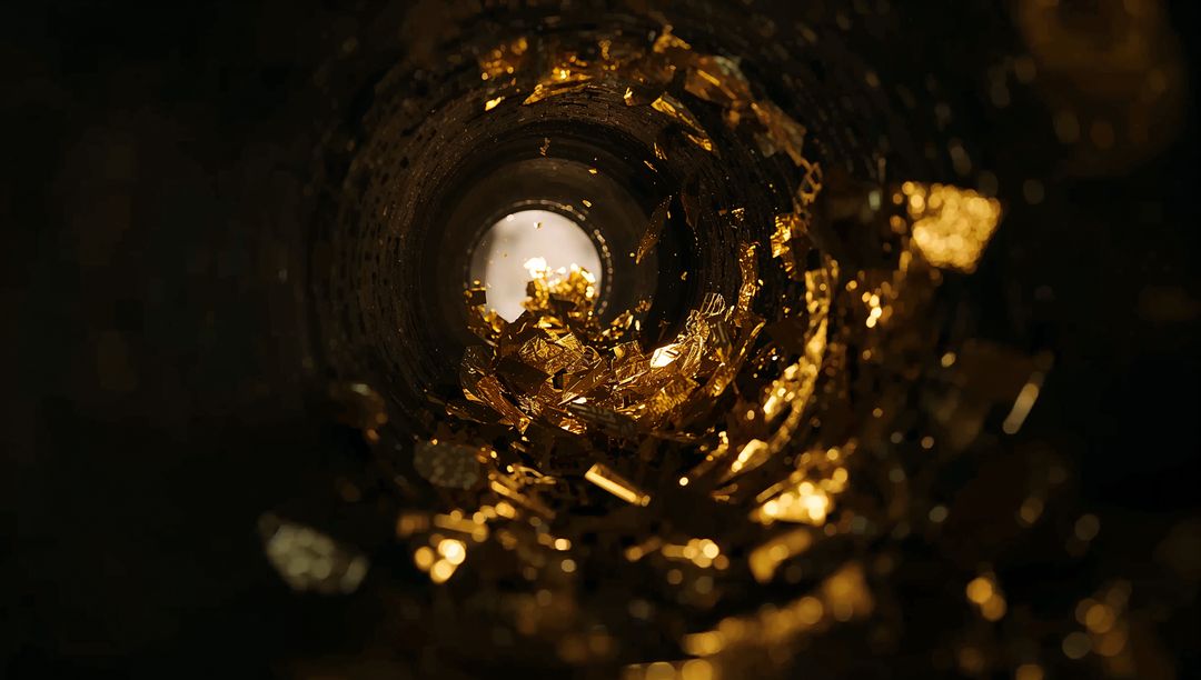 Golden Foil Tunnel Macro with Glowing Shards, Circular Opening and Reflective Bokeh