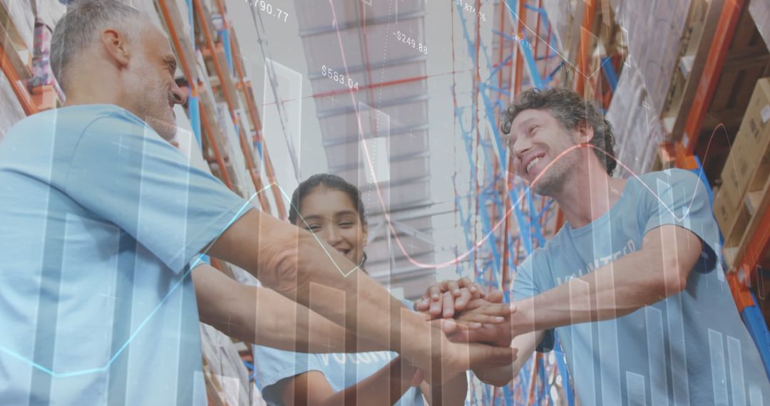 Diverse Warehouse Team Celebrating Success With Data Overlay