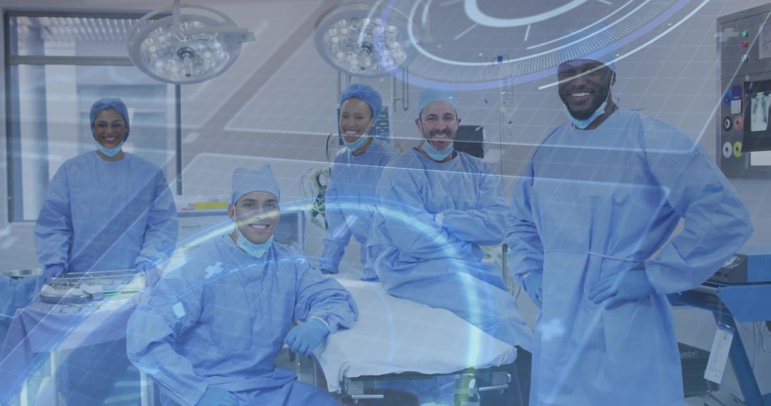Diverse Surgical Team with AR Technology Interface in Hospital Setting