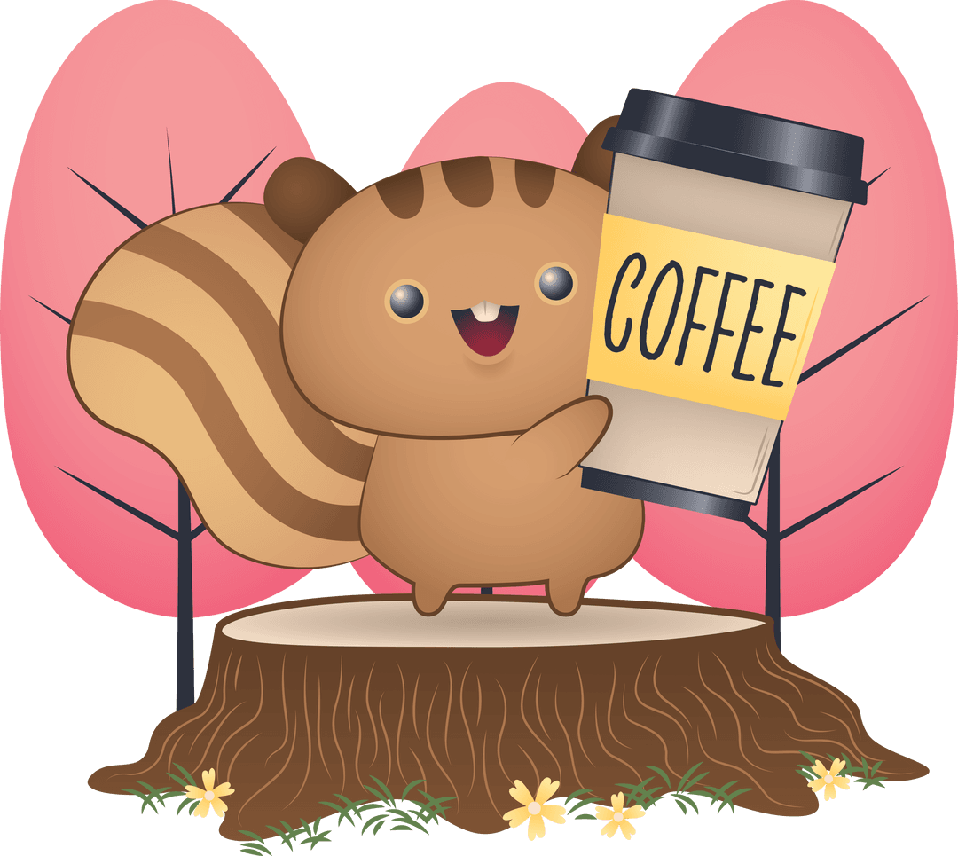 Cheerful Cartoon Squirrel Holding Coffee on Transparent Background