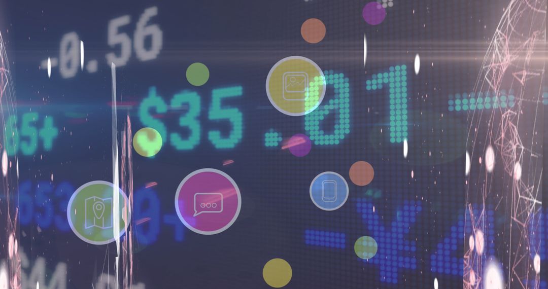 Digital Interface with Stock Market Data and Icon Overlays