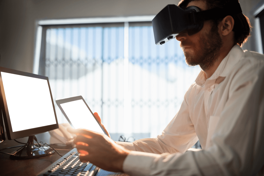 Businessman with Transparent Virtual Reality Device in Modern Office