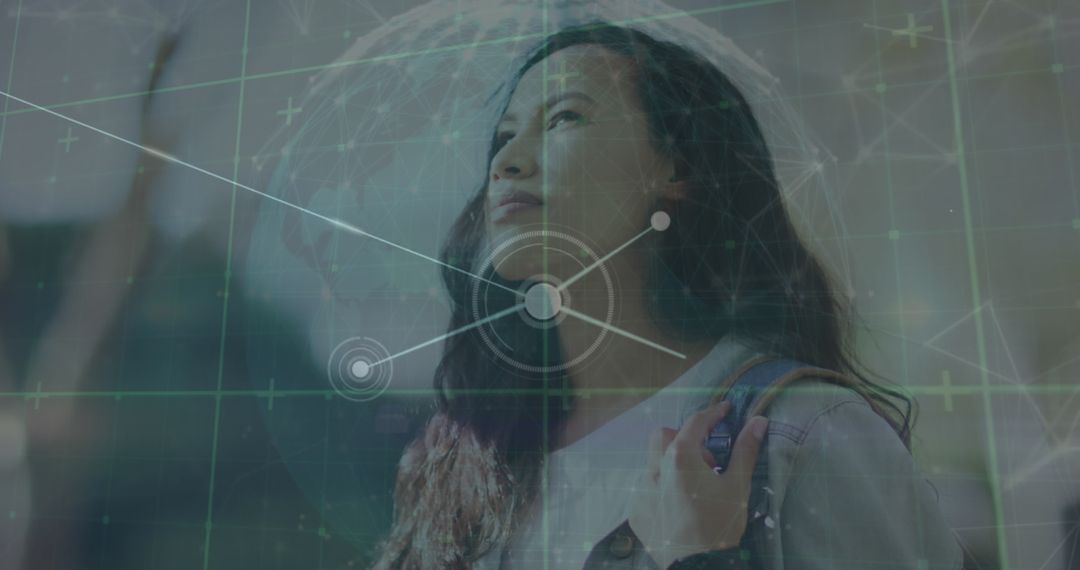 Woman Exploring Global Connections in Digital Network Overlay