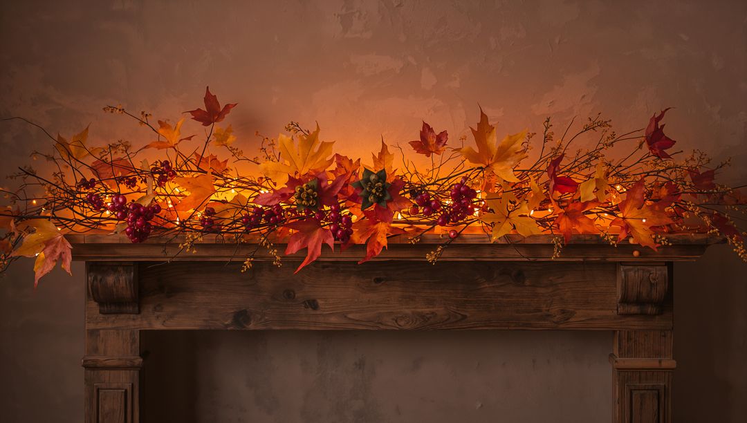 Glowing autumn garland draping across rustic wooden mantel with warm fairy lights