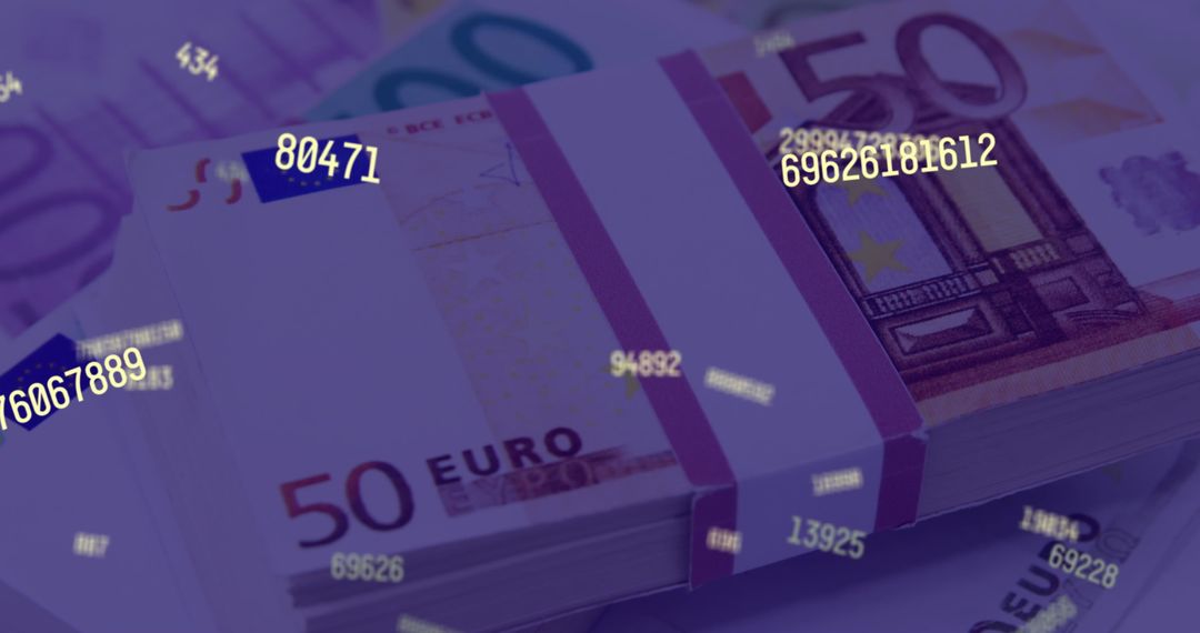 Digital Numbers Overlaying Euro Banknotes Symbolizing Financial Technology