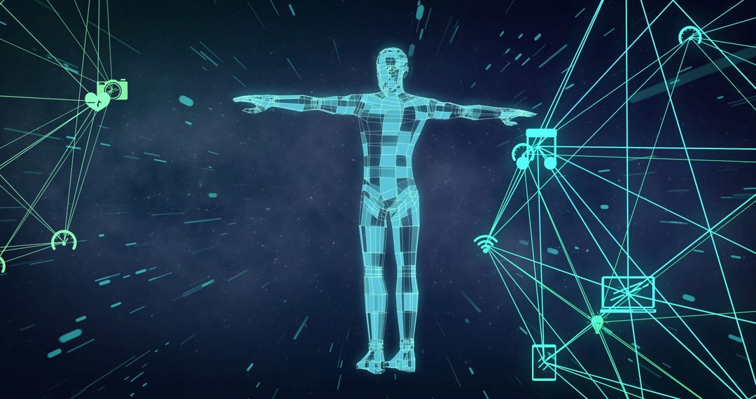 Digital Human Overlaid with Global Network Icons and Data Points